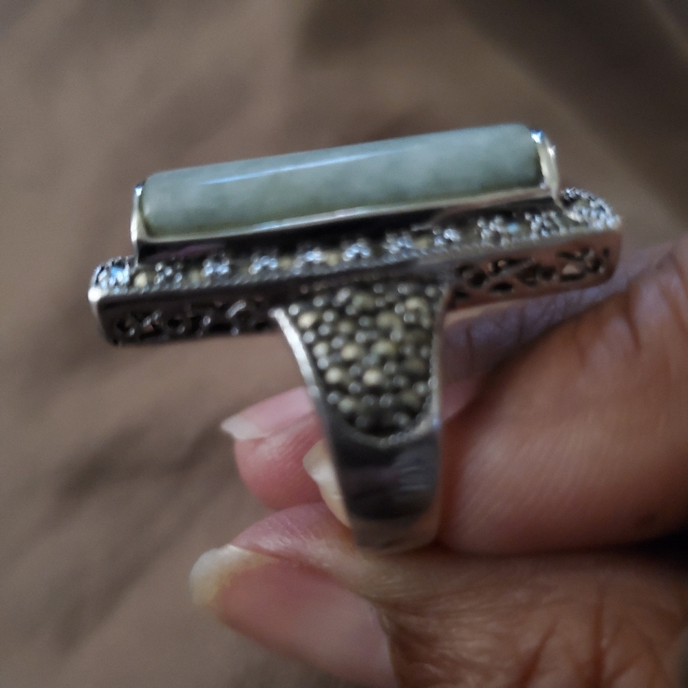 Jade. Marcasite, 925 Silver Statement Ring - image 2